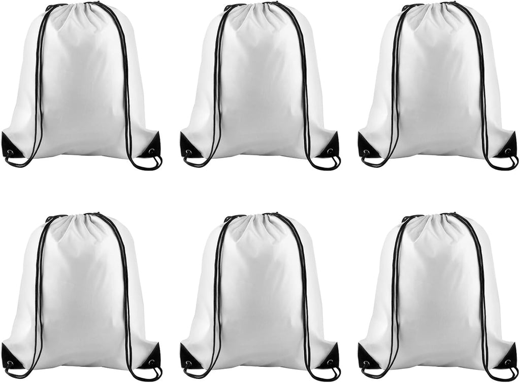 PLULON Drawstring Backpack Set - 6 White Cinch Sacks for Gym, Yoga & Travel Activities