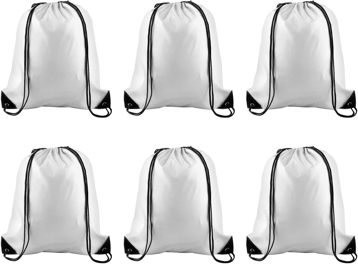 PLULON Drawstring Backpack Set - 6 White Cinch Sacks for Gym, Yoga & Travel Activities