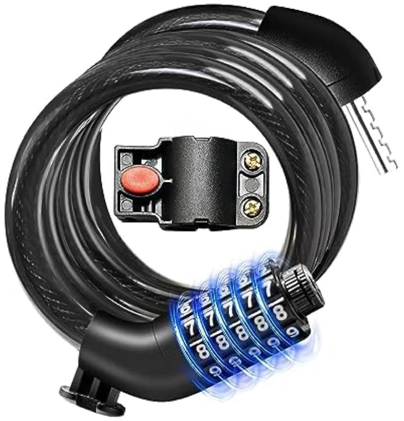 KEYSTP 5-Digit Bike Lock Cable with Mounting Bracket - Deep Black