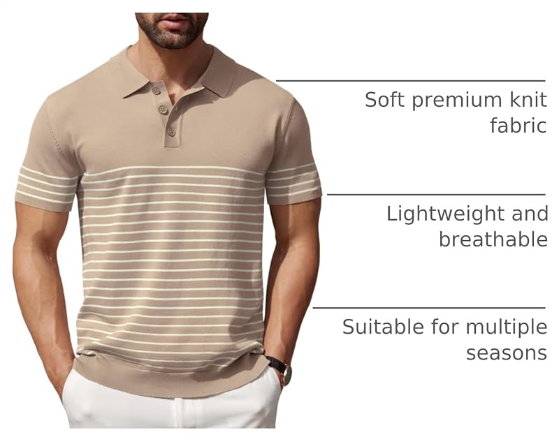 Khaki Striped Knit Polo Shirt for Men - Short Sleeve Button-Down Golf Essential