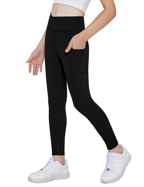 Arshiner Girls Athletic Leggings with Pockets Kids Crossover High Waisted Dance Workout Running Yoga Pants Black