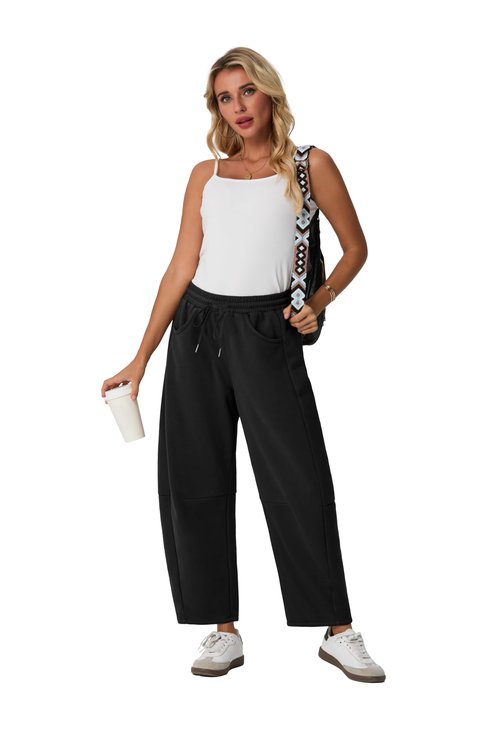 Lepunuo Barrel Sweatpants Women Casual Baggy Elastic Waisted Pants Wide Leg Gym Trousers with Pockets Black