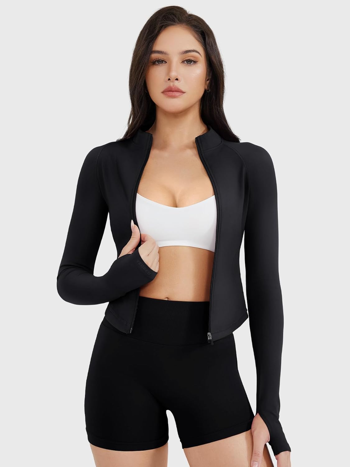 YEOREO SoftHue Women's Athletic Jacket - Cropped Long Sleeve Zip-Up Workout Top with Thumb Holes