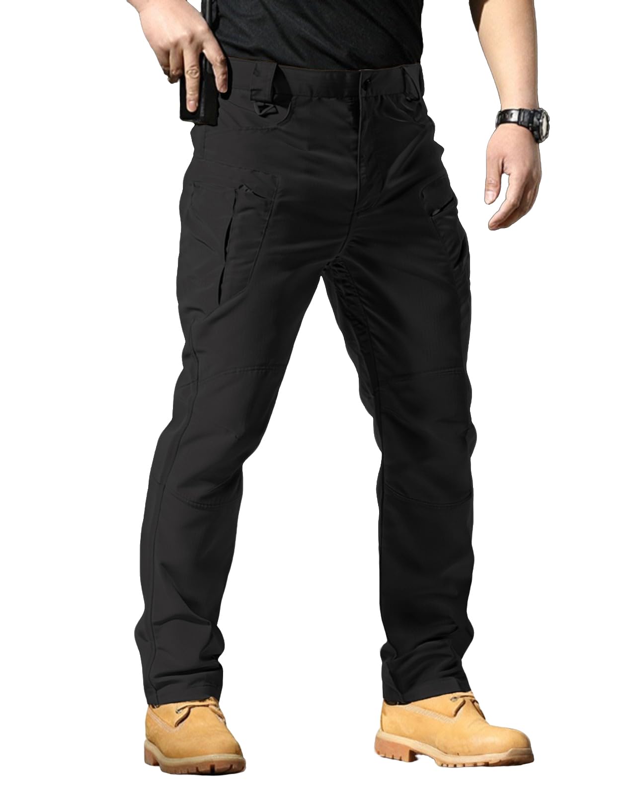 PIDO YOGA Men's Stretch Tactical Pants Waterproof Ripstop Fabric Cargo Pants Lightweight Casual Hiking Outdoor Work Pants (No Belt),Black