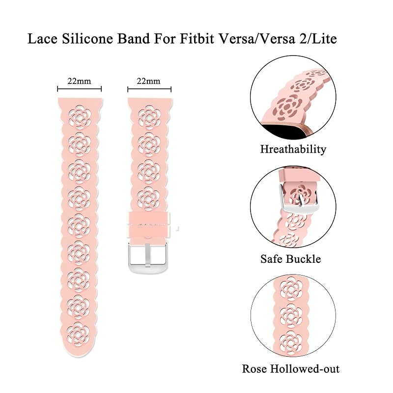 3 Pack 22mm Lace Hollowed-Out Silicone Replacement Wristbands for Fitbit Versa Family - Baby Pink, Purple, White