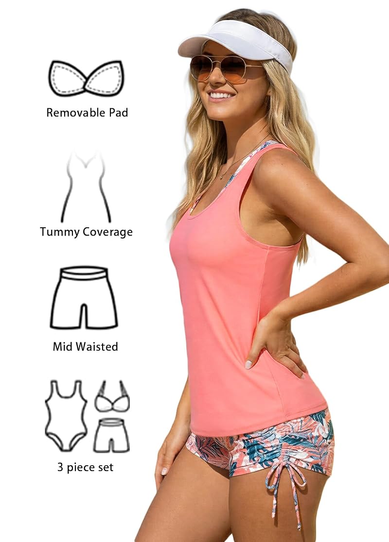 Tankini Swimsuit Set for Women with Board Shorts - Peach Pink Large