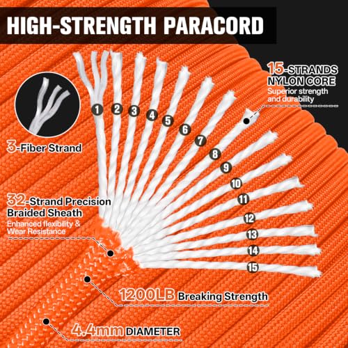1200lb Paracord Rope - 4.4mm Nylon Camping & Utility Cord, 1000FT in Orange