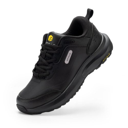 FitVille Men's Extra Wide Hiking Shoes Outdoor Walking Shoes Low-top Waterproof Work Shoes Soft Toe with Arch Support for Heel Pain Relief - Rugged Core Black
