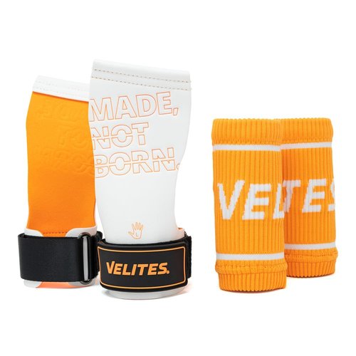 Velites - Official Crossfit® Games Quad Pro Grips - Size XL Color Orange - with Chalk - Wristbands and Carry Bag Included - Pull-ups, Muscle-ups, and Toes-to-bar