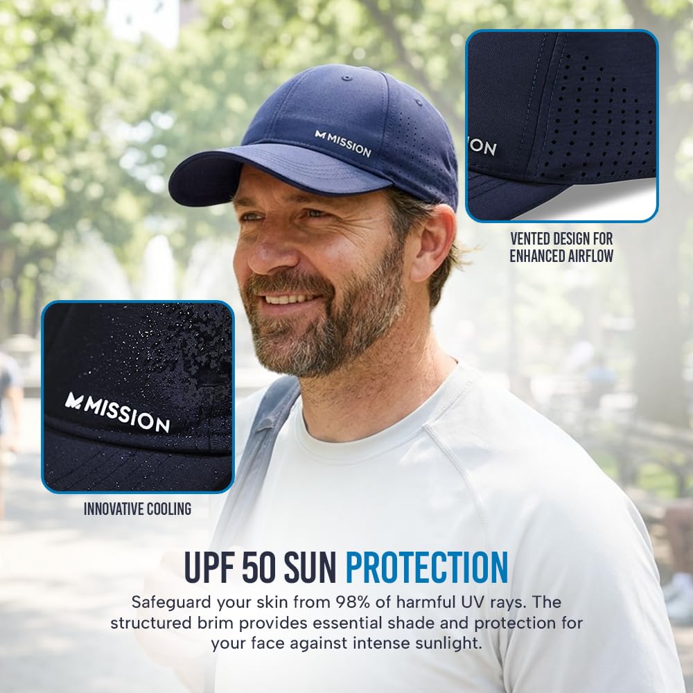 MISSION Cooling UPF Vented Performance Hat - Unisex One Size Cap for Workouts, Golf & Running - Sweat & Water Activated Technology - (Navy)
