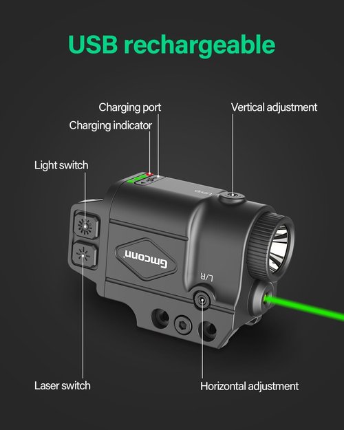Gmconn Tactical Flashlight - 800 Lumen with Green Laser Sight & Strobe Function | Rechargeable Gun Light