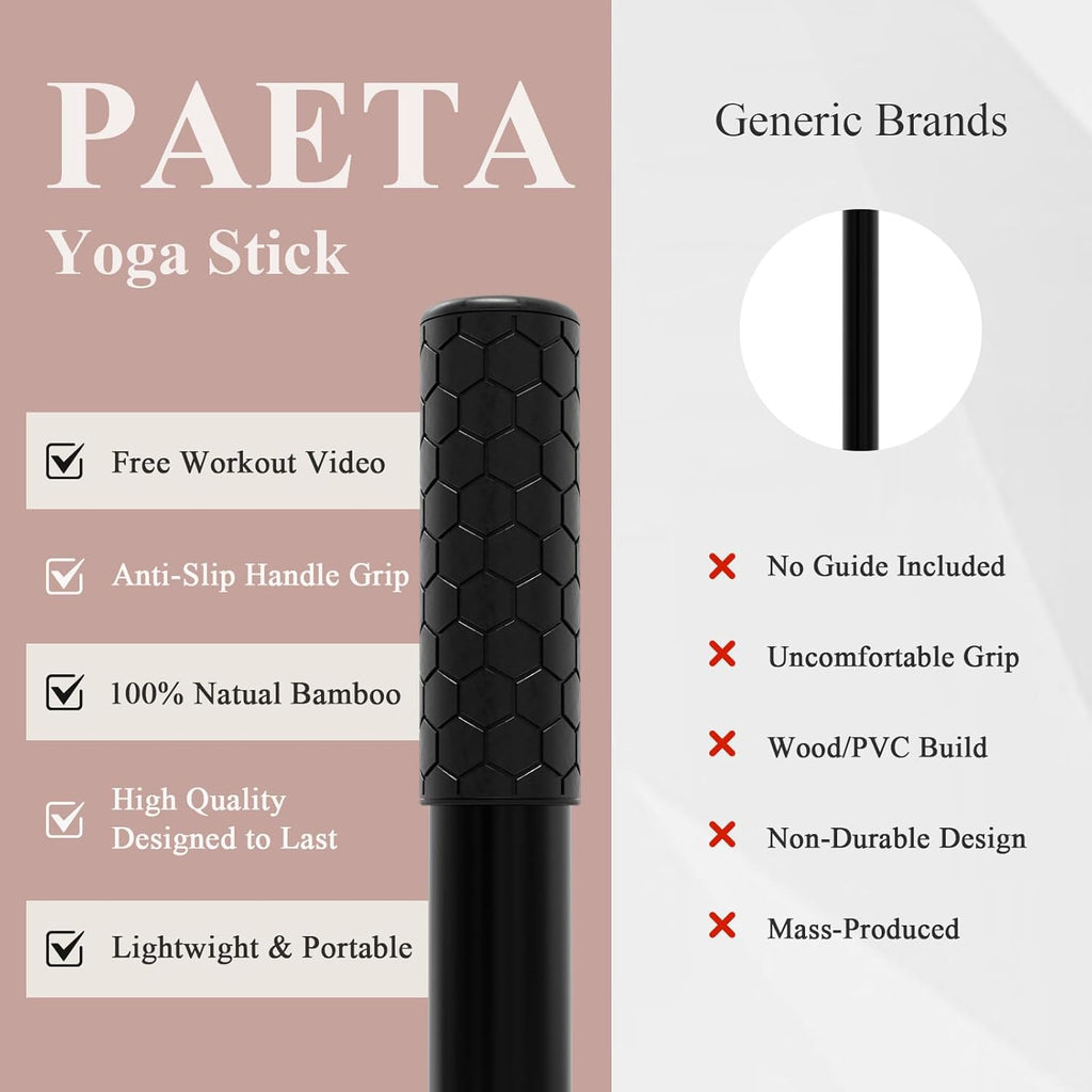PAETA Yoga Stick - 5ft Bamboo Stretch Bar for Enhanced Mobility & Flexibility | Non-Slip Grip Included