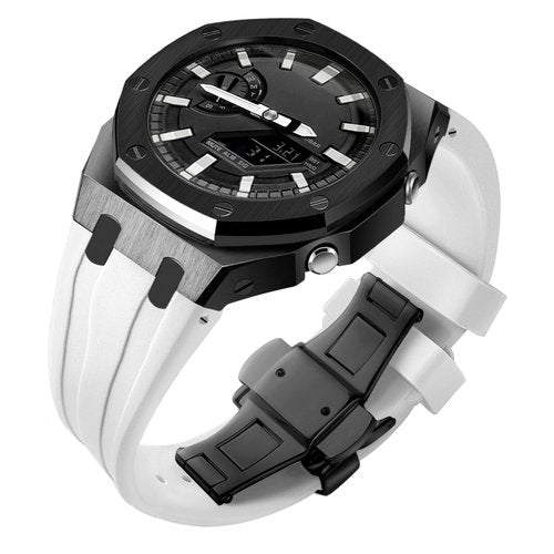 Ga2100 Watch Strap Case Mod Kit Parts,Black Smooth Metal Case Modify Custom Replace Silicone Watch Band Strap Compatible With Casio G shock Ga-2100/Ga-2110/GA-B2100 (White Silicone Band)