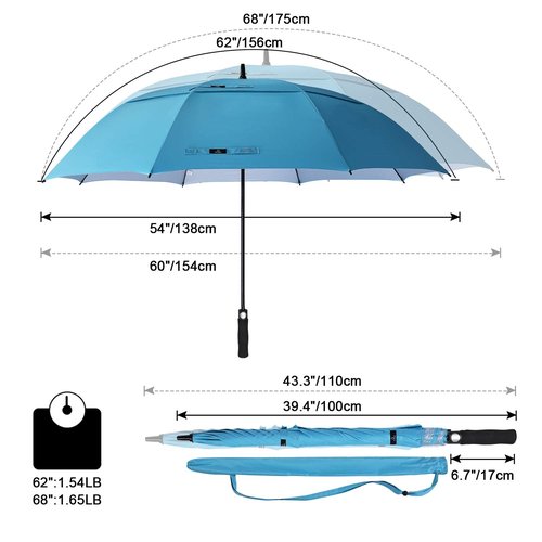 Prospo 62 Inch Extra Large Golf Umbrella Double Canopy Automatic Open Sun Rain Stick Umbrellas Windproof Waterproof Oversized (Sky Blue)
