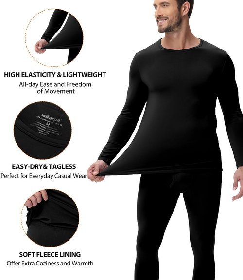 wirarpa Men's Long Johns Thermal Underwear Set Fleece Lined Base Layer Long Sleeve Top and Bottom for Winter Warmth Black Medium