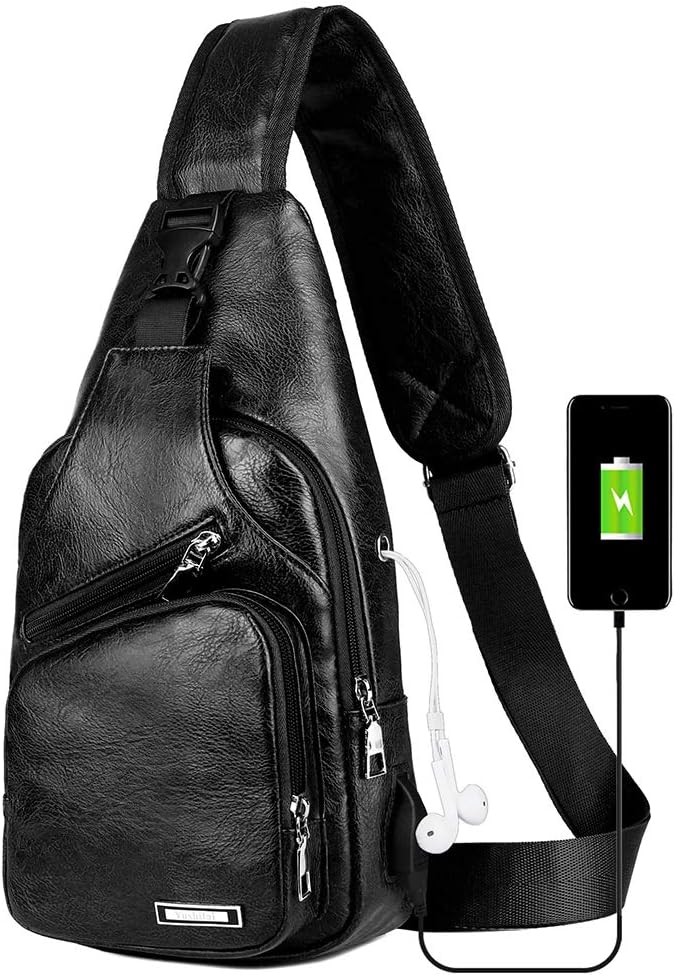 Peicees Leather Sling Bag - Men's Crossbody Backpack with USB Charging Port | Stylish & Functional