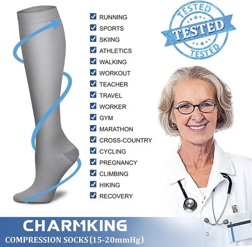 CHARMKING Compression Socks - 15-20 mmHg Circulation Support for Men & Women | 8 Pairs for Running & Cycling