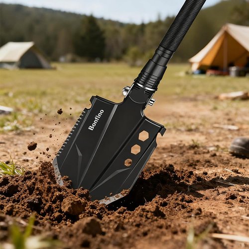 Bonfino Foldable Camping Shovel - 30.4" High Carbon Steel Portable Multitool Entrenching Tool for Backpacking, Hiking, Survival & Car Emergency - Versatile & Sturdy
