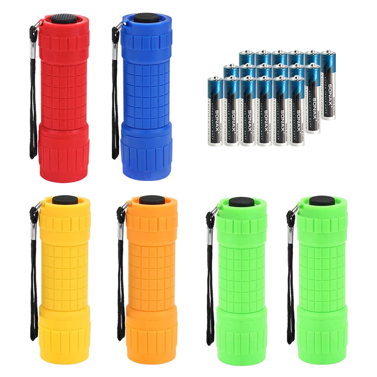 Whaply 6-Pack Small Mini Flashlight Set, 5 Colors, COB LED Handheld Flashlight with Lanyard,18-Pack AAA Battery Included for Kids/Night Reading/Party/Camping/Emergency/Hunting