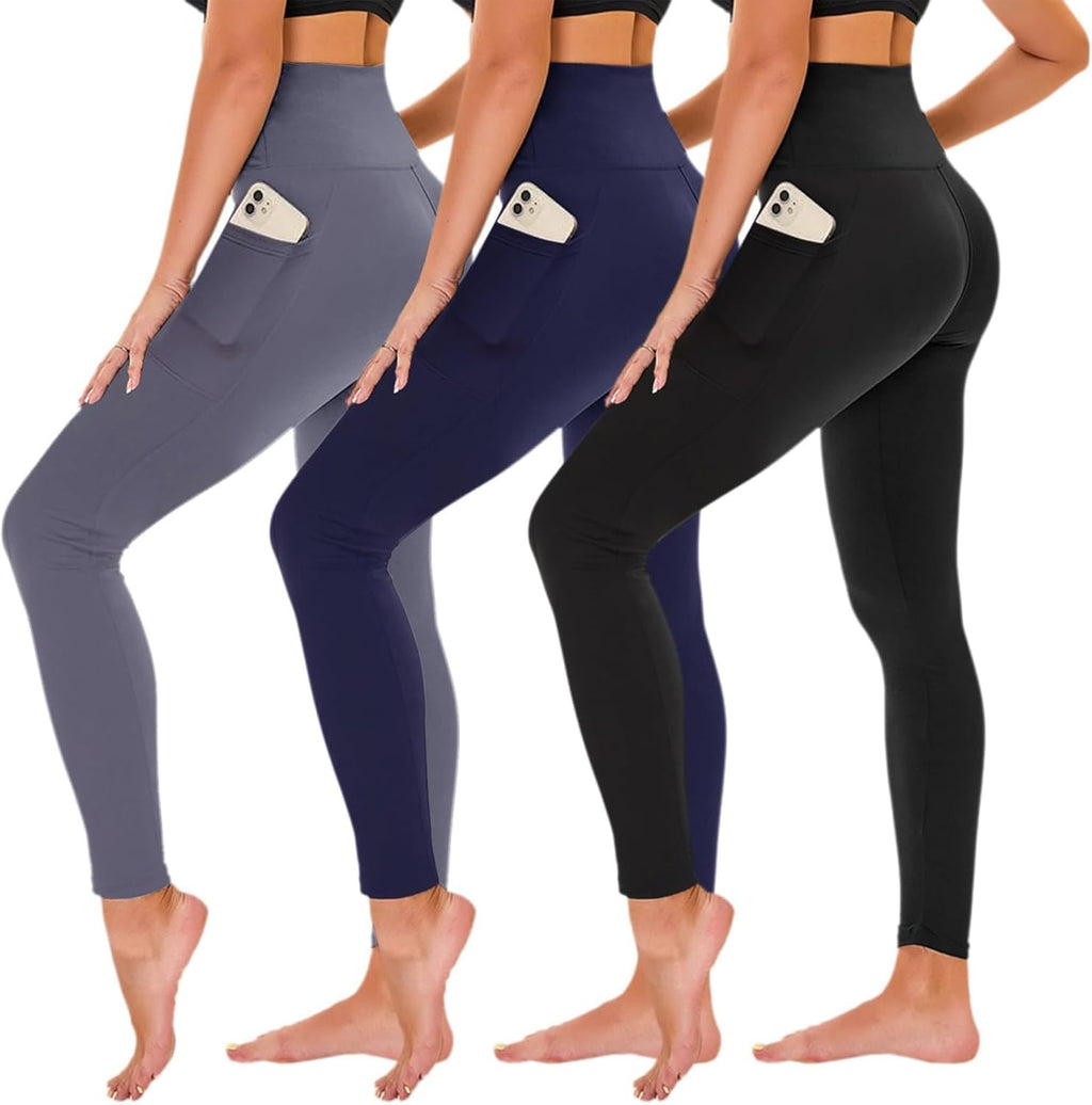 TNNZEET Leggings for Women - Black High Waisted Tummy Control Yoga Pants with Pockets | 3 Pack