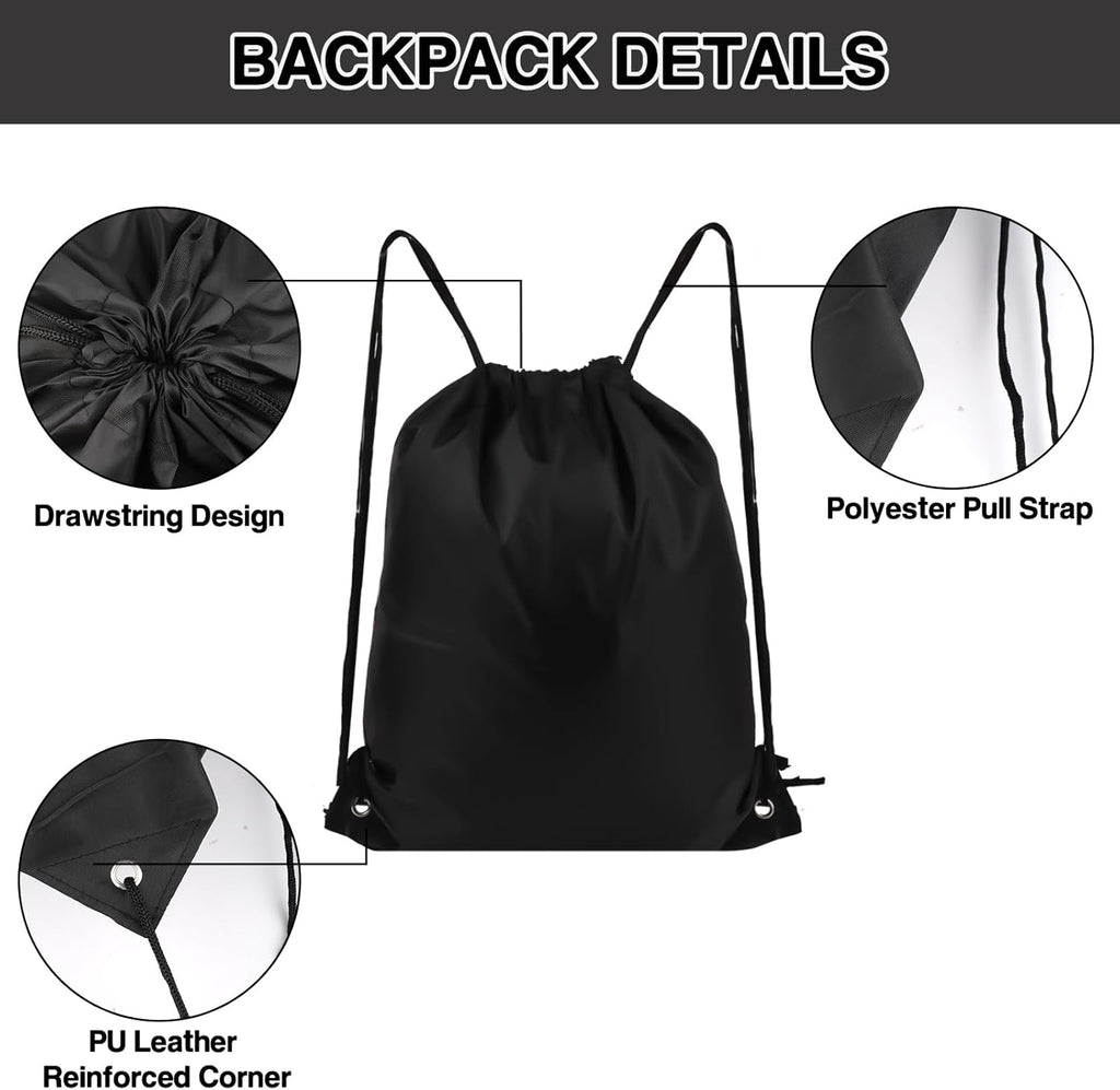 Skiennix Drawstring Backpacks - Medium Black Sports Bags for Gym, Travel & Beach Activities
