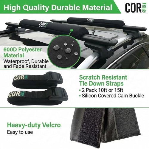 COR Surf Aero Roof Rack Pad - Premium No-Scratch Silicone Tie Down Straps for Surf, SUP, Kayak | 19" Wide