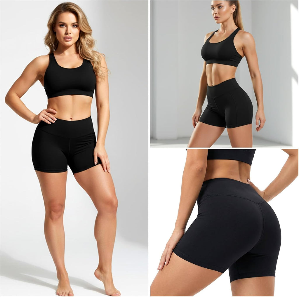 Skiennix Workout Biker Shorts - 2.5" High Waisted Tummy Control Spandex | Black Athletic Shorts for Gym & Yoga
