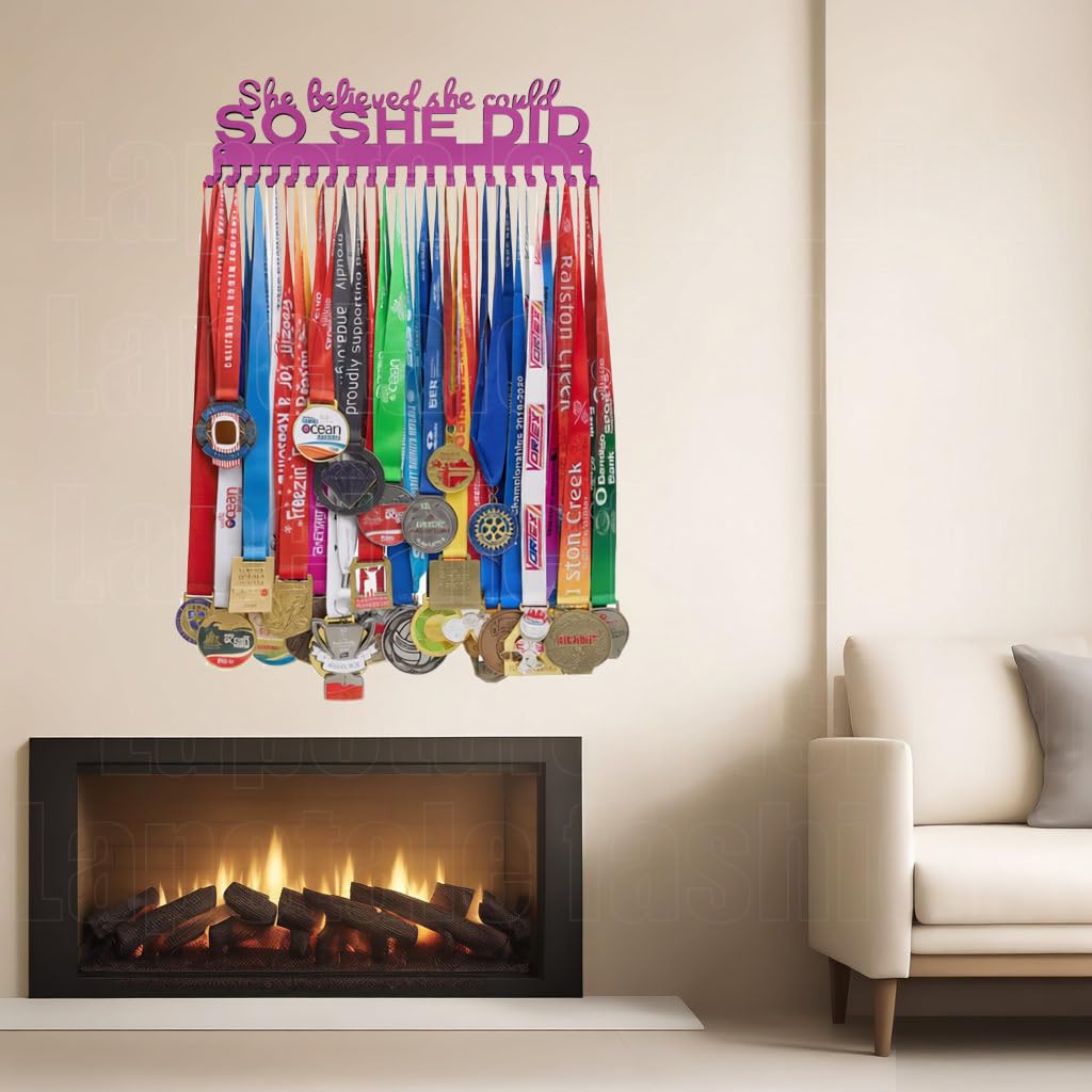 Lapetale Fashion She Believed She Could SO SHE DID Race Medal Hanger Display for 63 Medals-16 Wide with 20 Hooks-Purple Color Easy Use Awesome Gifts