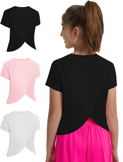 EXARUS Girls Athletic Shirts Workout Split Back Teen T Shirt Quick Dry Activewear Short Sleeve Regular Fit Tees Casual Summer Kids Set 12Y