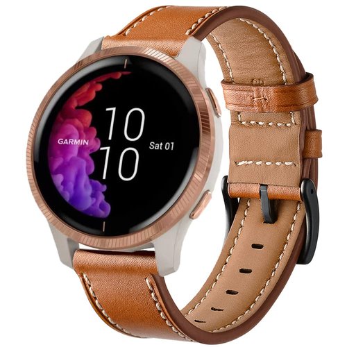 GARTOO Leather Band for Garmin Venu/Venu Sq/Vivoactive 3 Watch Bands, 20mm Leather Wristband Replacement Strap Women Men for Garmin Venu Sq, Vivoactive 3 Music, Forerunner 645/245 Music Brown