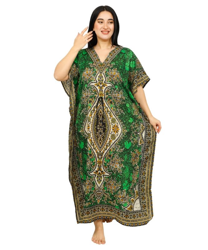 Women's Long Kaftan Maxi Dress - Green, One Size Beach Cover Up