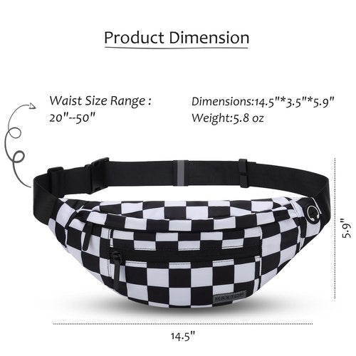 MAXTOP Checkered Fanny Pack Crossbody Bag with 4-Zipper Pockets Large Belt Bag for Enjoy Festival Sports Workout Traveling Running Casual Hands-Free Waist Bag Black and White Checkered