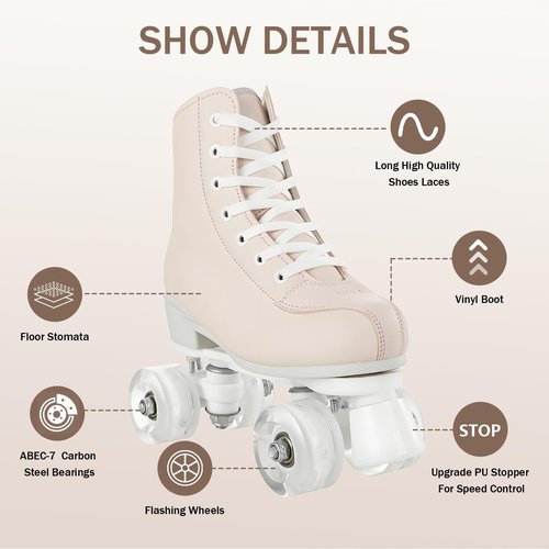 Women's Girls High-top Roller Skates with Light Up Wheels,PU Leather Classic Double-Row Roller Derby Skate for Women Men,Indoor Outdoor, Beginner-Pink White Flash Wheel,38
