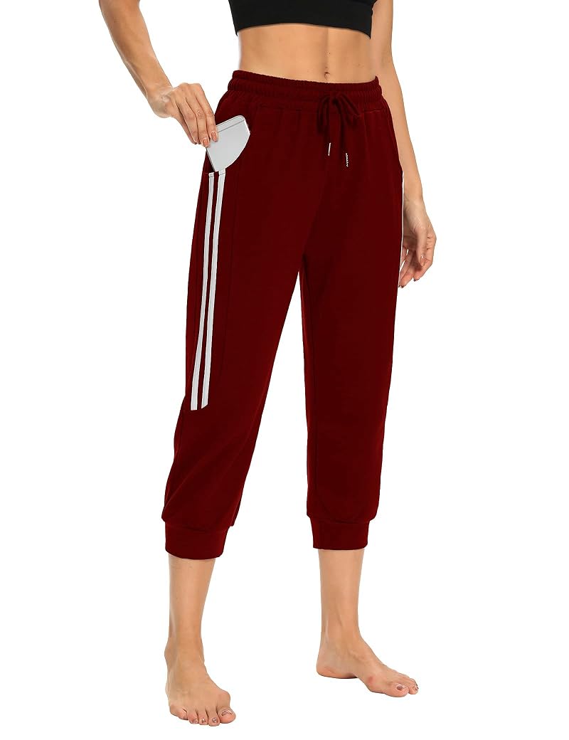 KaiDi Women’s Capri Joggers with Pockets - Wine Red Large