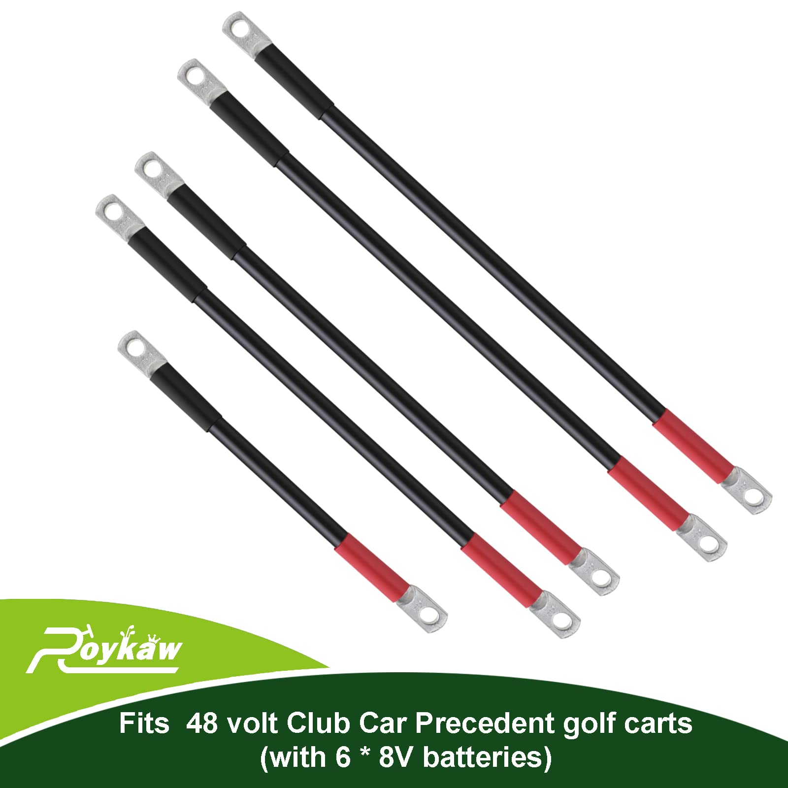 Roykaw Golf Cart Battery Cables for Club Car Precedent 2008-Up 48 Volt Models, Heavy-Duty Pure Copper Tin-Coated Cable Lugs, Superior Corrosion and Oxidation Resistance, 4 Gauge/5 Pieces Set