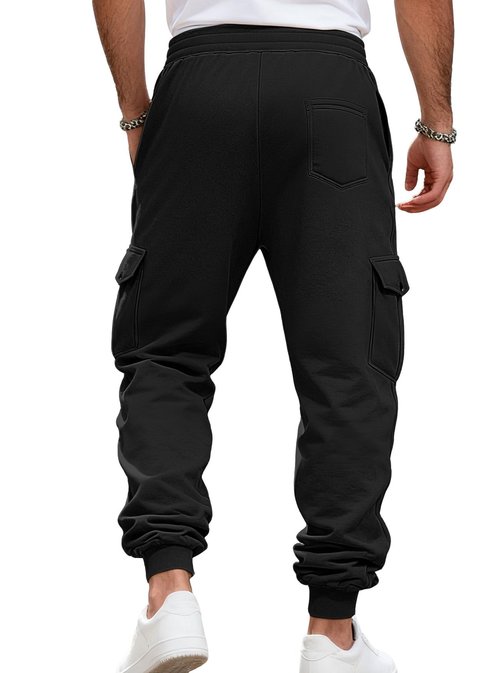 QOSOQ Men's Casual Cargo Sweatpants Fleece Lined Workout Joggers Athletic Drawstring Pants with Multi Pockets Black