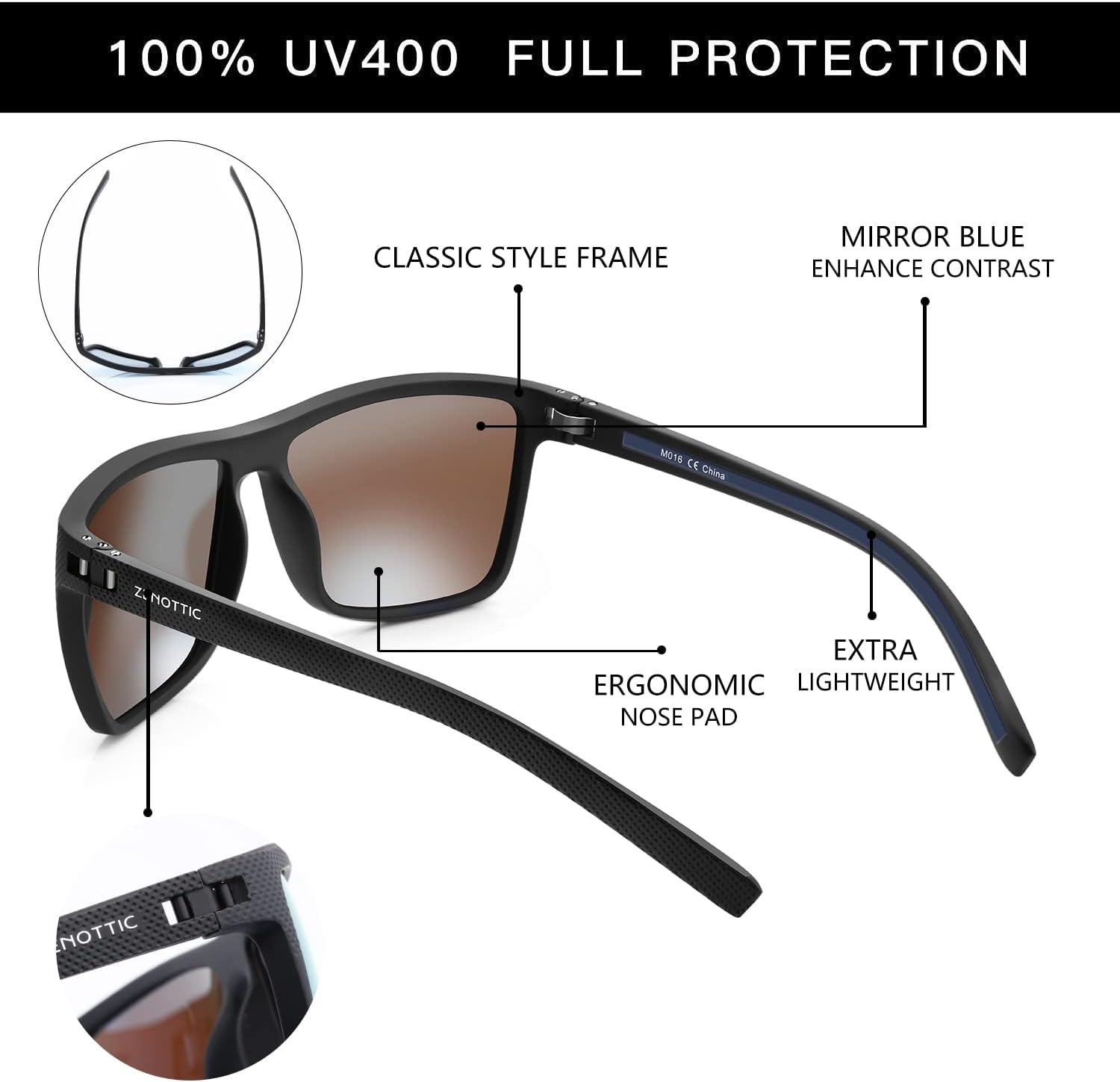 ZENOTTIC Polarized Sunglasses - Lightweight TR90 Frame with UV400 Protection | Stylish Square Design