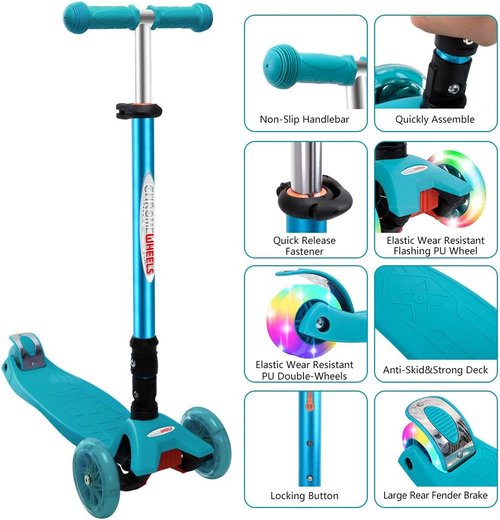 ChromeWheels Foldable Scooter - Deluxe 3-Wheel Kick Scooter with LED Light Up Wheels | Adjustable Height for Kids 3-12 Years Old, 132lbs Limit