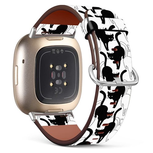 Mingdao Compatible with Fitbit Sense 2 / Sense/Versa 4 / Versa 3 Patterned Leather Replacement Band (Black Cats And White Cats)