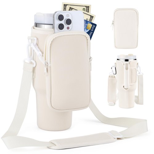 Slok Water Bottle Carrier Bag with Phone Pocket for 40 oz Stanley Quencher, Neoprene Water Bottle Holder with Adjustable Strap for Outdoor Walking Hiking Travelling Sports