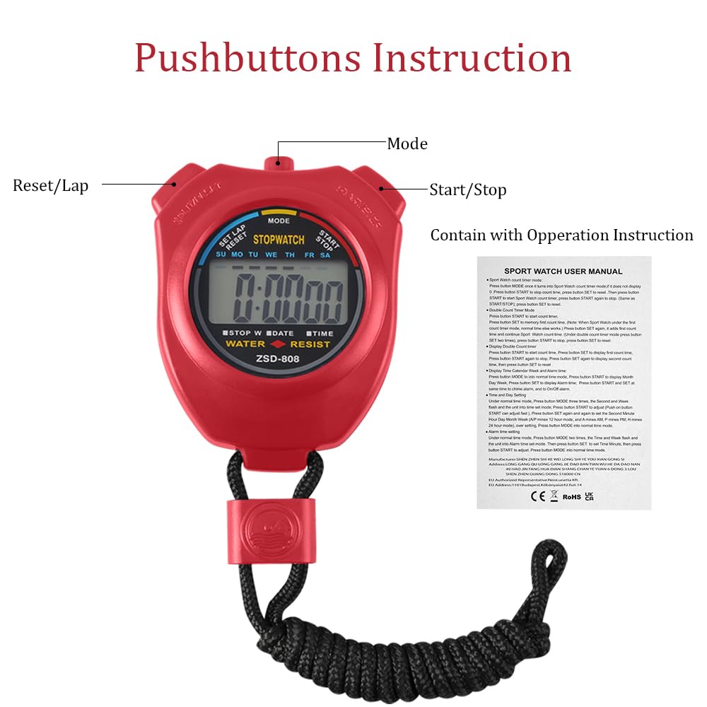 Vicloon Sport Stopwatch Timer, Professional Digital Sport Timer with Stainless Steel Whistle, Large LCD Display Suitable for Football, Basketball, Running, Swimming, Fitness and More (Red)