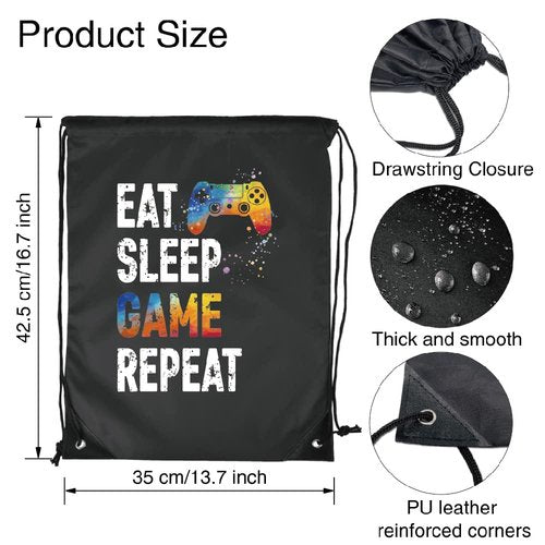 Pishovi Eat Sleep Game Repeat Drawstring Waterproof Backpack, Sports Bag for Men & Women, Player Gifts for Game Lovers