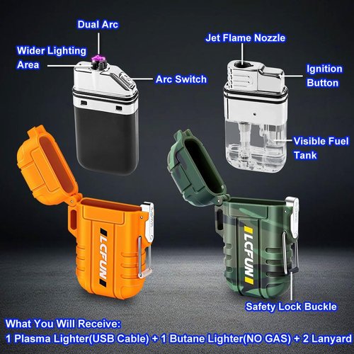 LcFun Waterproof Outdoor Lighter - Windproof Dual Arc Plasma Torch | USB Rechargeable, 2-Pack for Camping & Hiking