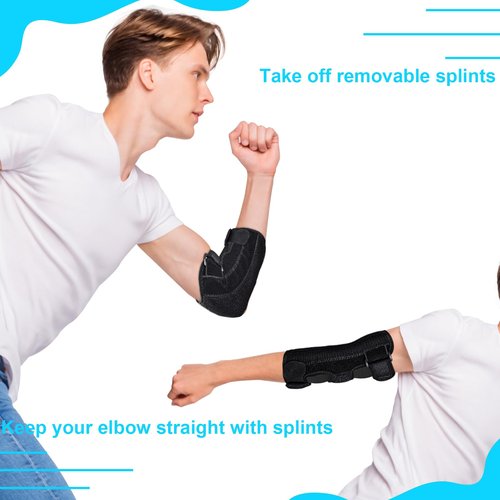 Elbow Brace for Ulnar Nerve Entrapment, Adjustable Cubital Tunnel Brace with 2 Removable Metal Splint for Sleeping, Elbow Immobilizer for Cubital Tunnel Syndrome, Ulnar Nerve Brace for Women & Men