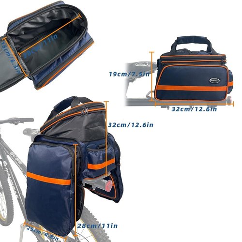 reygeak Bike Rack Bag, 25L Multi-functional Polyester Saddle Trunk Shoulder Panniers for Bicycle, Black Large Capacity Extensible Luggage for Adults, with Rainproof Cover (Blue Orange)