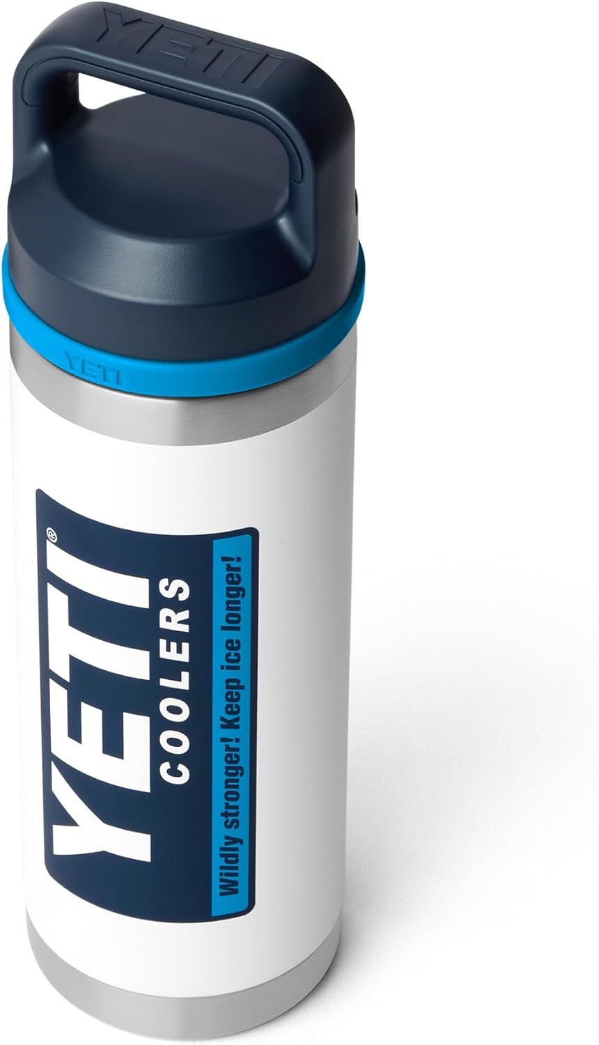 YETI Rambler 18 oz Bottle - Leakproof Vacuum Insulated Stainless Steel with Chug Cap | White/Blue