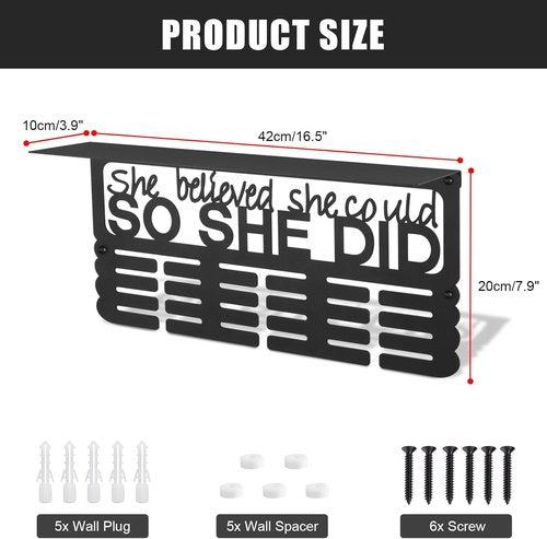 Medal Hanger Display with Trophy Shelf, Upgraded Sports Medal Holder Trophy Display Shelf Ribbon Holder Simple Wall Hanger (SHE BELIEVED SHE COULD SO SHE DID)