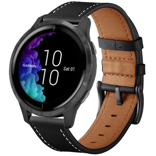 GARTOO Leather Band for Garmin Venu/Venu Sq/Vivoactive 3 Watch Bands, 20mm Leather Wristband Replacement Strap Women Men for Garmin Venu Sq, Vivoactive 3 Music, Forerunner 645/245 Music Black