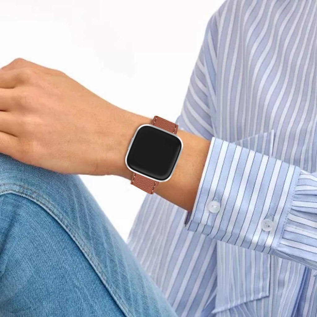 WFEAGL Leather Band for Fitbit Versa - Top Grain Leather Replacement Strap (Brown + Silver Buckle)