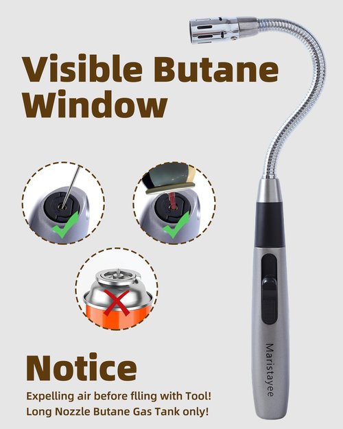 Butane Lighter Long Jet Flame Lighter, Refillable Torch, 360° Flexible Neck, Windproof Jet Flame, Visual Fuel Window, for Fireplace Kitchen Grill BBQ Camping Candle(No Butane Included)